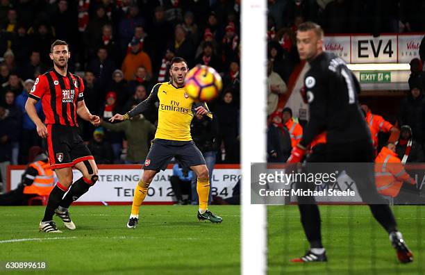 Lucas Perez of Arsenal scores his side's second goal during the Premier League match between AFC Bournemouth and Arsenal at Vitality Stadium on...