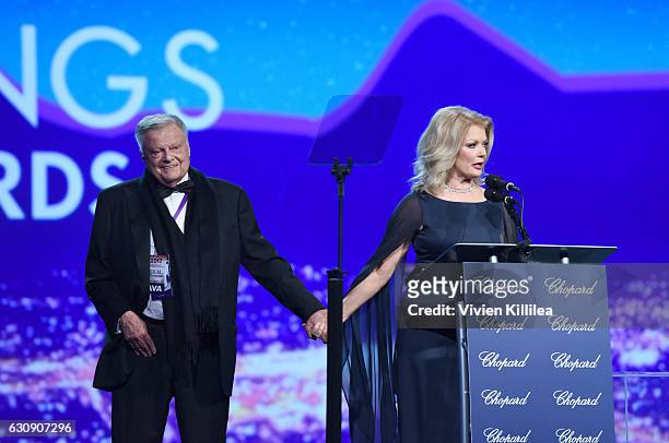 Harold Matzner, Palm Springs International Film Festival Chairman and host Mary Hart on stage at the 28th Annual Palm Springs International Film...