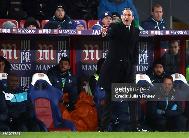 Swansea City new manager Paul Clement reacts as he stands on the touchline during the Premier League match between Crystal Palace and Swansea City at...