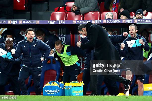 Swansea City new manager Paul Clement celebrates his team's second goal during the Premier League match between Crystal Palace and Swansea City at...