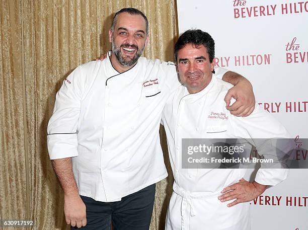 Executive Chef Alberico Nunziata and Executive Pastry Chef Thomas Henzi attend The Beverly Hilton unveils the menu for the 74th Annual Golden Globe...