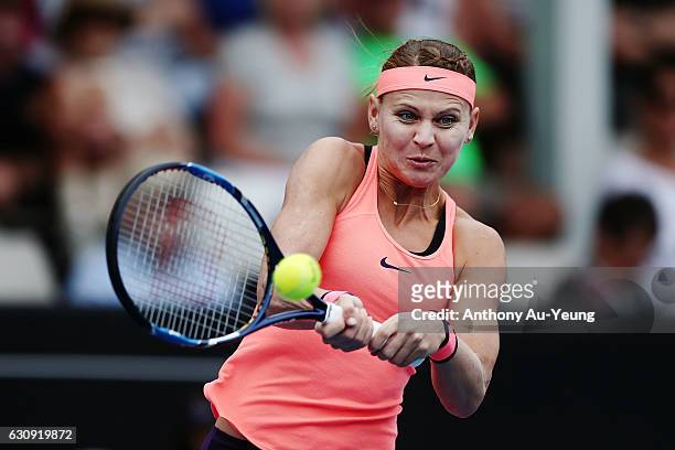 Lucie Safarova of Czech Republic plays a backhand in her match against Barbora Strycova of Czech Republic on day three of the ASB Classic on January...