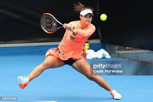 Lauren Davis of the USA plays a return in her singles match against Kurumi Nara of Japan on day three of the ASB Classic on January 4, 2017 in...