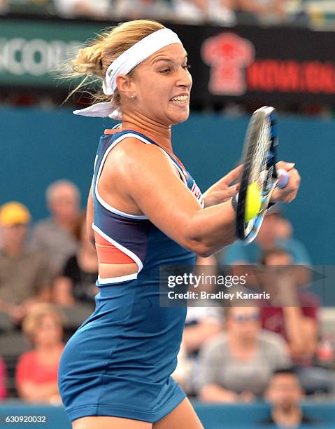 Dominika Cibulkova of Slovakia plays a forehand against Shuai Zhang of China on day four of the 2017 Brisbane International at Pat Rafter Arena on...