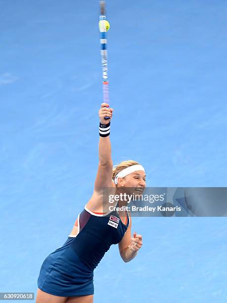 Dominika Cibulkova of Slovakia serves against Shuai Zhang of China on day four of the 2017 Brisbane International at Pat Rafter Arena on January 4,...