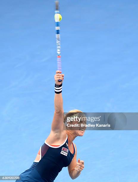 Dominika Cibulkova of Slovakia serves against Shuai Zhang of China on day four of the 2017 Brisbane International at Pat Rafter Arena on January 4,...