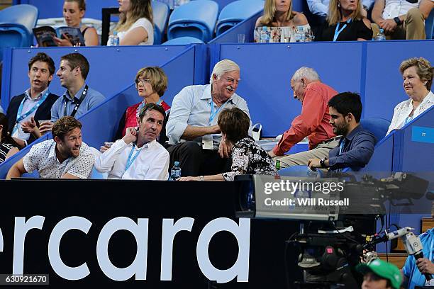 West Coast player Mark Hutchings, Peter Collier Margaret and Barry Court watch the action on day three of the 2017 Hopman Cup at Perth Arena on...