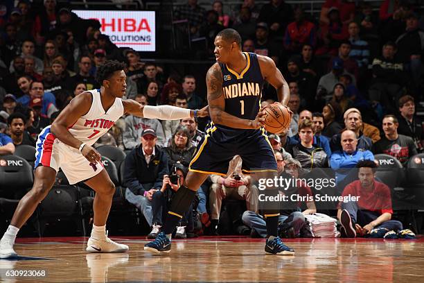 Kevin Seraphin of the Indiana Pacers handles the ball against Stanley Johnson of the Detroit Pistons during a game on January 3, 2017 at The Palace...