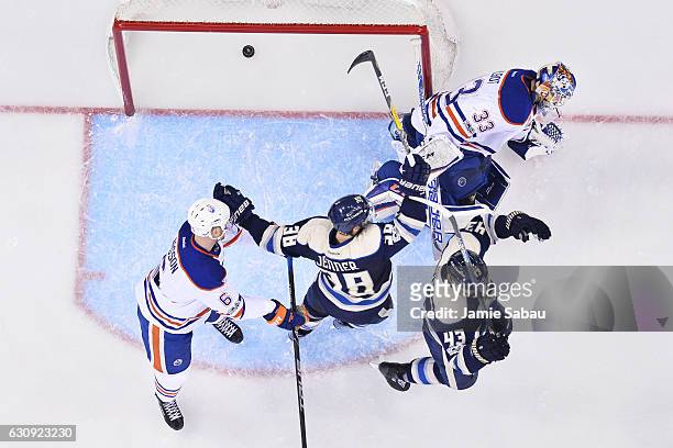The Columbus Blue Jackets react after scoring a goal during the second period of a game against the Edmonton Oilers on January 3, 2017 at Nationwide...