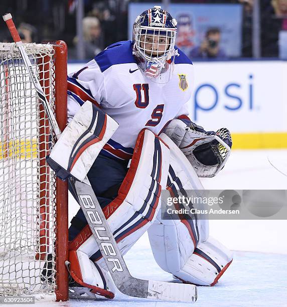 Tyler Parsons of Team USA gets set to face a shot against Team Switzerland during a QuarterFinal game at the 2017 IIHF World Junior Hockey...