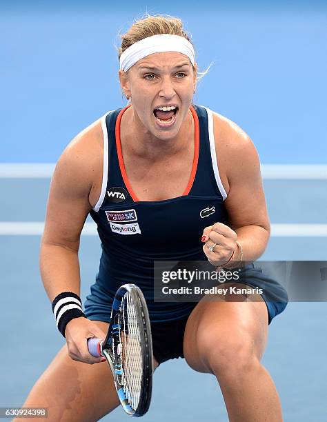 Dominika Cibulkova of Slovakia celebrates victory after her match against Shuai Zhang of China on day four of the 2017 Brisbane International at Pat...