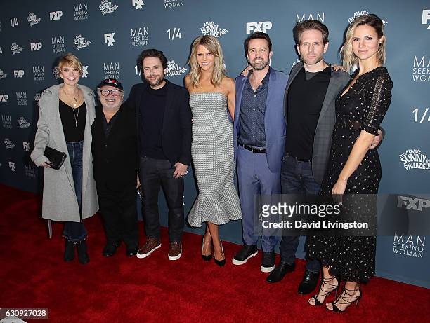Actors Mary Elizabeth Ellis, Danny DeVito, Charlie Day, Kaitlin Olson, Rob McElhenney, Glenn Howerton and Jill Latiano attend the premiere of FXX's...