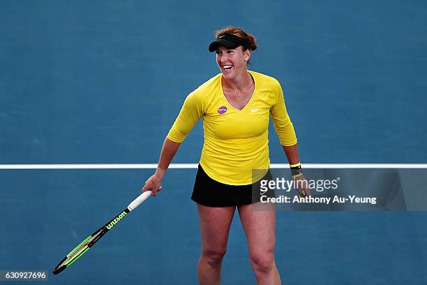 Madison Brengle of USA reacts after winning her match against Serena Williams of USA on day three of the ASB Classic on January 4, 2017 in Auckland,...
