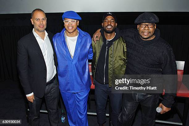 Jesse Collins, V103's Ramonski Luv, Luke James and Bobby Brown attend BET's screening of The New Edition Story on January 3, 2017 in Chicago,...