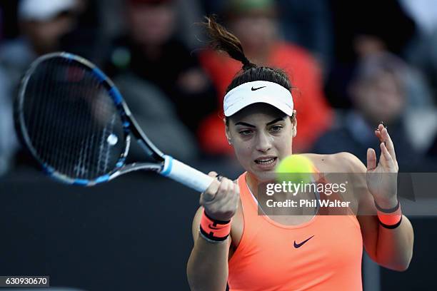 Ana Konjuh of Croatia plays a return against Yanina Wickmayer of Belguim on day three of the ASB Classic on January 4, 2017 in Auckland, New Zealand.