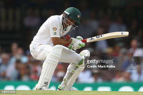Younis Khan of Pakistan is struck by a short ball as he bats during day two of the Third Test match between Australia and Pakistan at Sydney Cricket...