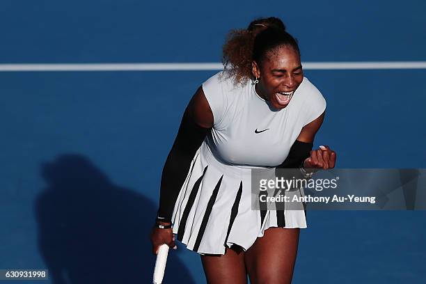 Serena Williams of USA celebrates a point in her match against Madison Brengle of USA on day three of the ASB Classic on January 4, 2017 in Auckland,...