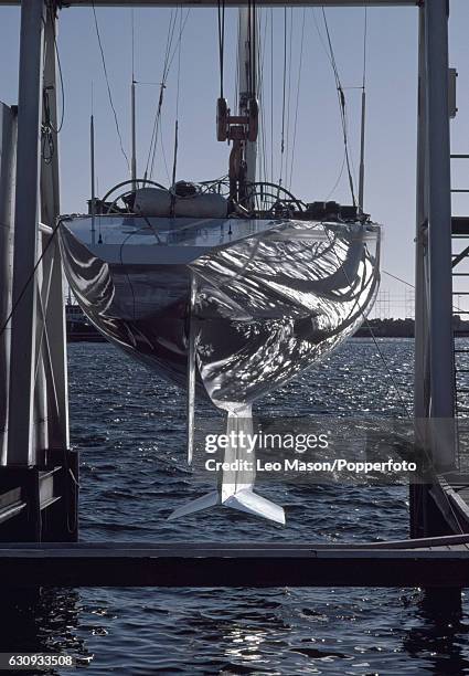 Australia II with the revolutionary new keel designed by marine architect Ben Lexcen prior to the America's Cup series in Newport, Rhode Island,...