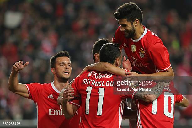 Benficas forward Kostas Mitroglou from Greece celebrating with is team mate after scoring a goal during the Portuguese Cup 2016/17 match between SL...
