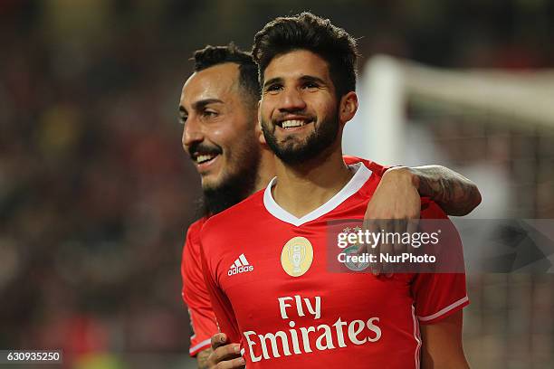 Benficas defender Lisandro Lopez from Argentina celebrants after scoring a goal during the Portuguese Cup 2016/17 match between SL Benfica v FC...