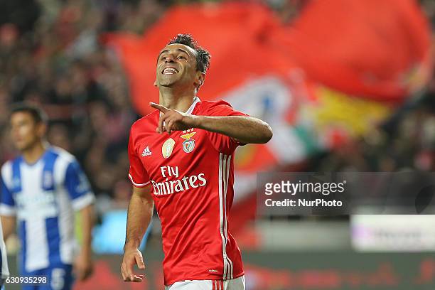 Benficas forward Jonas from Brazil celebrating after scoring a goal during the Portuguese Cup 2016/17 match between SL Benfica v FC Vizela, at Luz...