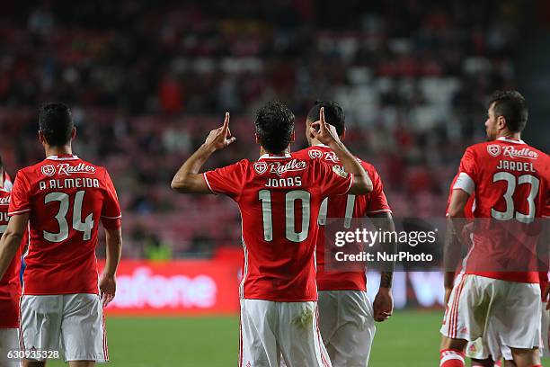 Benficas forward Jonas from Brazil celebrating after scoring a goal during the Portuguese Cup 2016/17 match between SL Benfica v FC Vizela, at Luz...