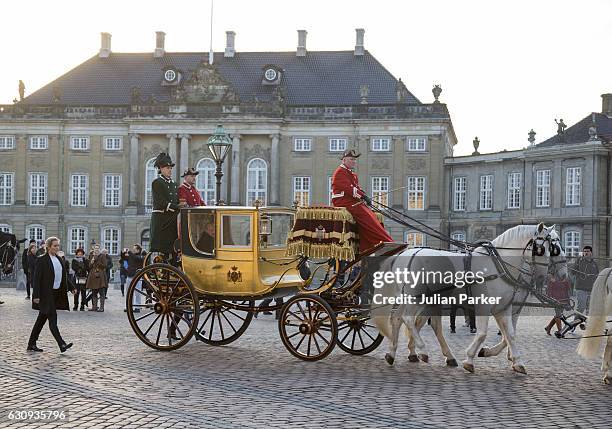 Queen Margrethe of Denmark departs Amalienborg Palace in the Gold Coach to attend a New Year's Levee for officers from the Defence and Danish...