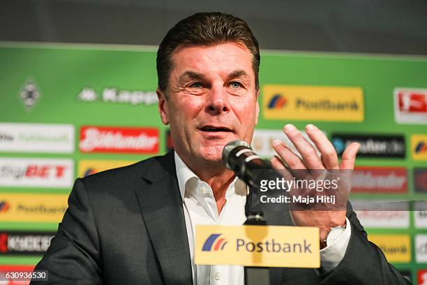 Dieter Hecking, the newly appointed head coach of Borussia Moenchengladbach speaks during a press conference on January 4, 2017 in Moenchengladbach,...