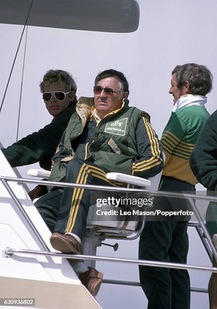 Alan Bond, the Australian businessman and leader of the syndicate which owned the victorious Australia II, watching the competition for the the...