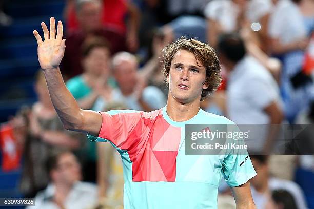 Alexander Zverev of Germany celebrates winning the men's singles match against Roger Federer of Switzerland on day four of the 2017 Hopman Cup at...