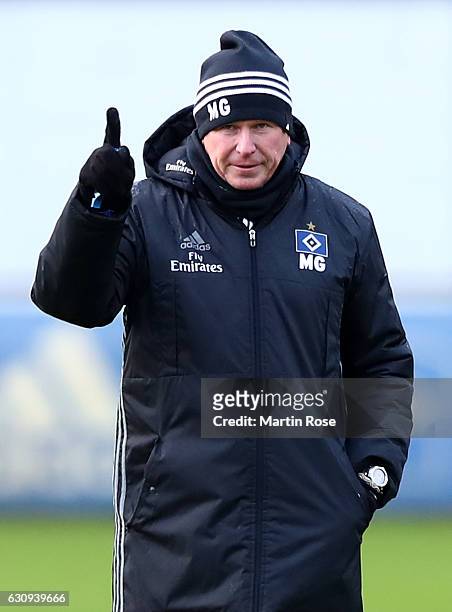 Markus Gisdol, head coach of Hamburg gestures during a training session of Hamburger SV at Volksparkstadion on January 4, 2017 in Hamburg, Germany.