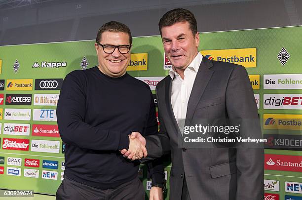 Sport Director Max Eberl of Moenchengladbach unveils new Borussia Moenchengladbach Head Coach Dieter Hecking at Borussia-Park on January 04, 2017 in...