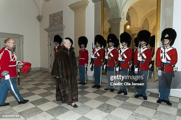 Queen Margrethe of Denmark arrives to the New Year's reception at Christiansborg - the parliament building - which she holds for high ranking...