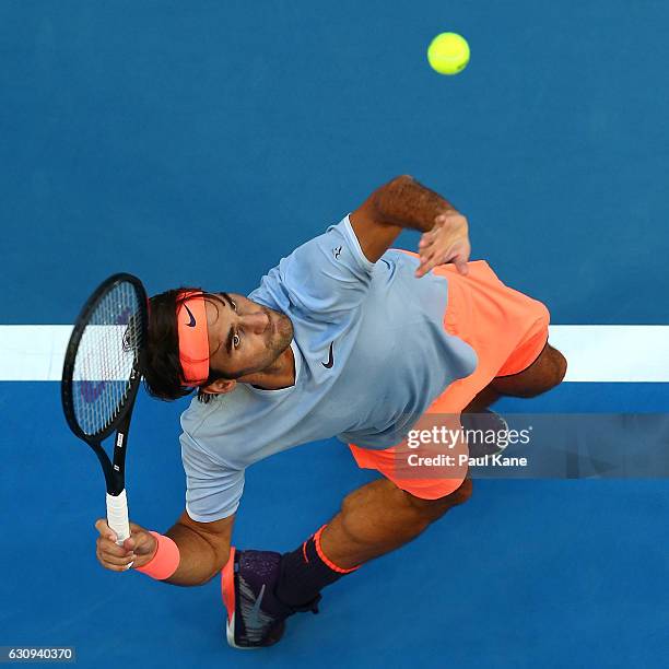 Roger Federer of Switzerland serves during his men's singles match against Alexander Zverev of Germany on day four of the 2017 Hopman Cup at Perth...