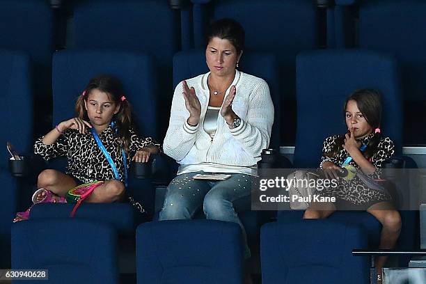 Mirka Federer together with her daughters Myla Rose and Charlene Riva watch the men's singles match between Roger Federer of Switzerland and...