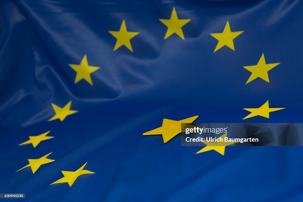 Brexit-the European flag and a star, that is detached from the stars circle of the flag.