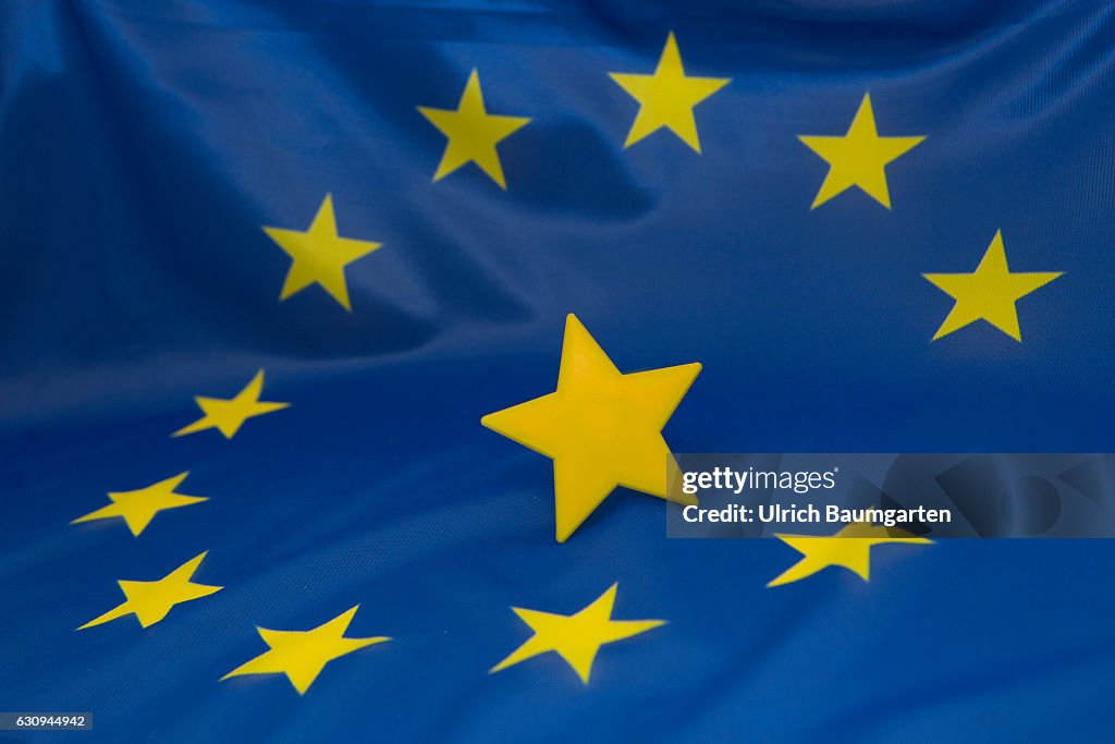 Brexit-the European flag and a star, that is detached from the stars circle of the flag.