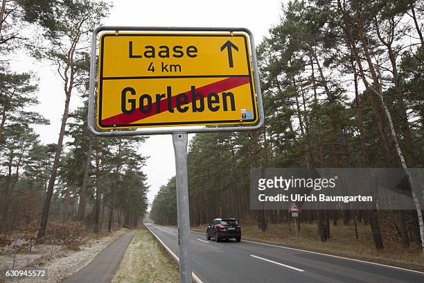 Town exit sign Gorleben. Red line diagonal through the place name Gorleben.