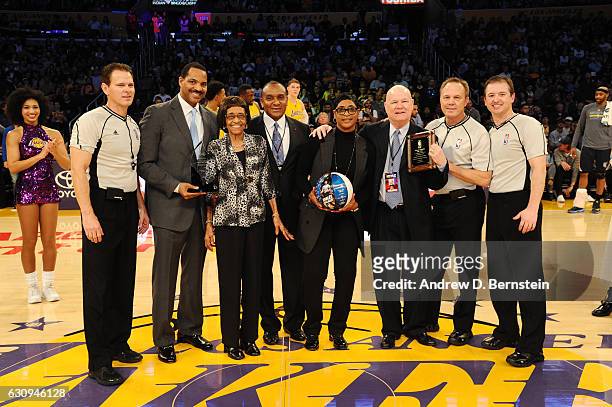 The NBA's recently retired first female referee Violet Palmer is honored at halftime during a game between the Memphis Grizzlies and the Los Angeles...