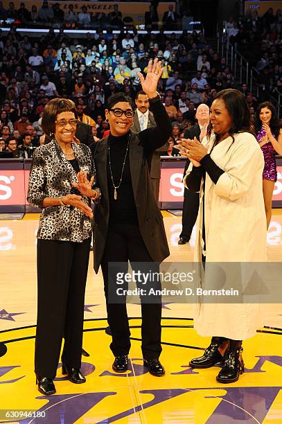 The NBA's recently retired first female referee Violet Palmer is honored at halftime during a game between the Memphis Grizzlies and the Los Angeles...