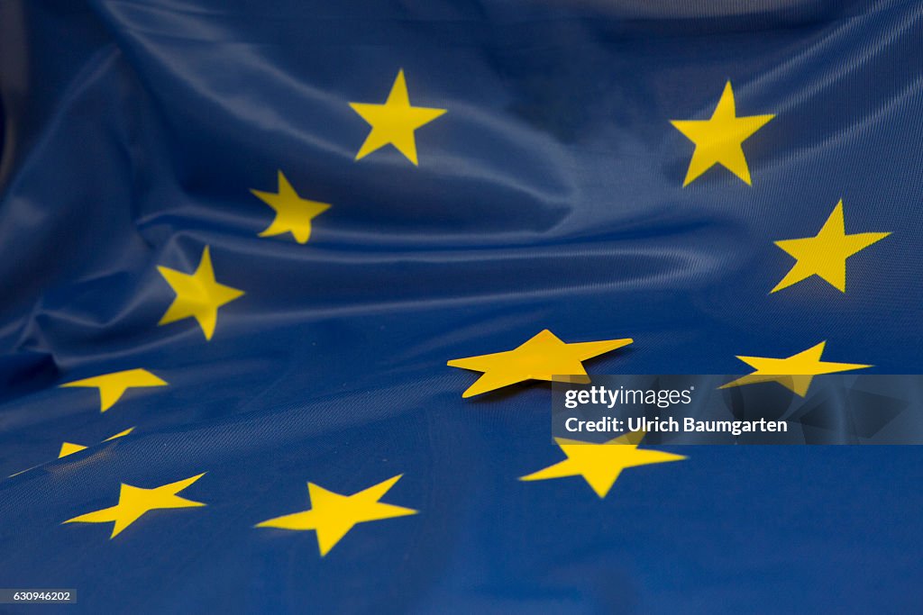 Brexit-the European flag and a star, that is detached from the stars circle of the flag.