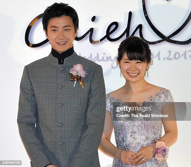 Table tennis players Chiang Hung-chieh of Taiwan and Ai Fukuhara of Japan are seen prior to their wedding on January 1, 2017 in Taipei, Taiwan.