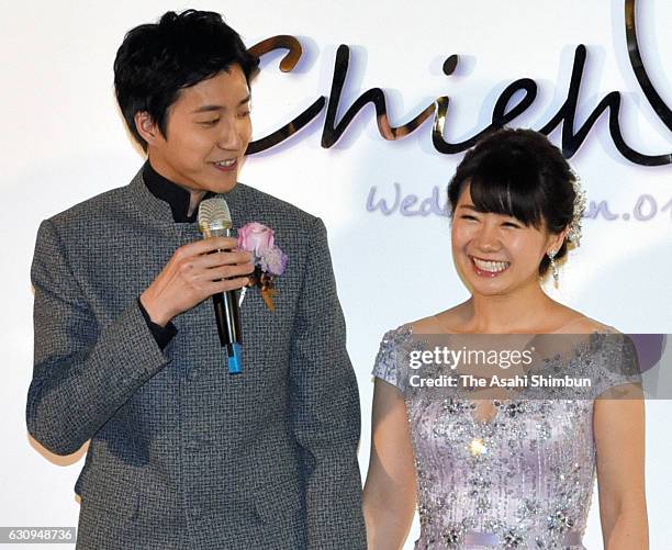 Table tennis players Chiang Hung-chieh of Taiwan and Ai Fukuhara of Japan are seen prior to their wedding on January 1, 2017 in Taipei, Taiwan.