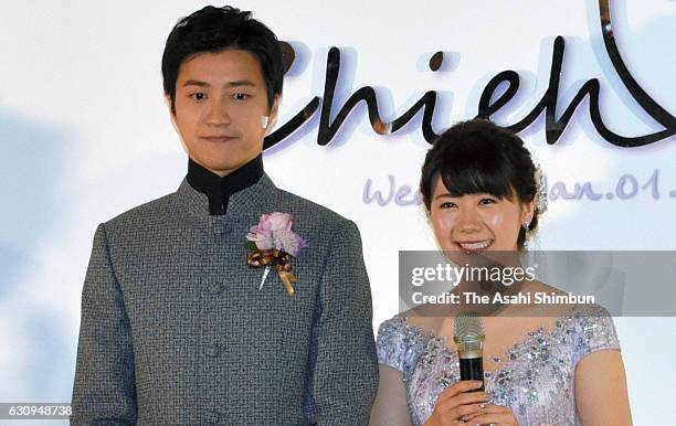 Table tennis players Chiang Hung-chieh of Taiwan and Ai Fukuhara of Japan are seen prior to their wedding on January 1, 2017 in Taipei, Taiwan.