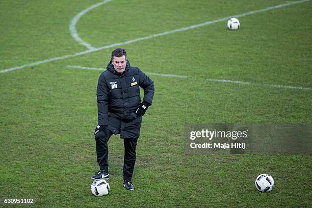 Dieter Hecking, the newly appointed head coach of Borussia Moenchengladbach looks on during a training session on January 4, 2017 in...