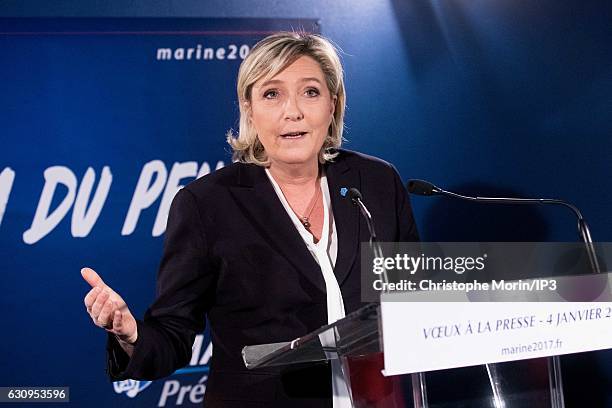 French far right National Front political party leader Marine Le Pen, member of the European Parliament, and candidate for the 2017 French...