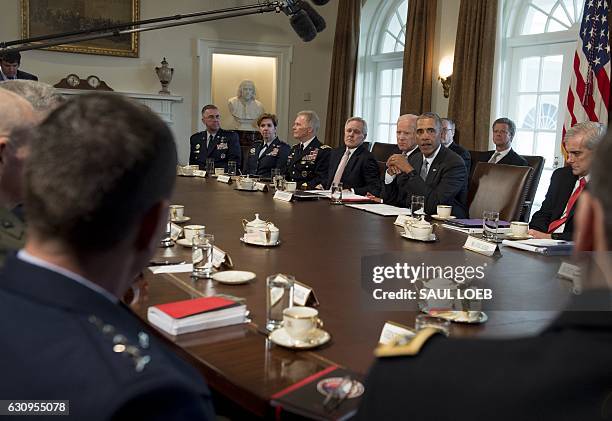 President Barack Obama meets with Military Combatant Commanders and Joint Chiefs of Staff in the Cabinet Room of the White House in Washington, DC,...