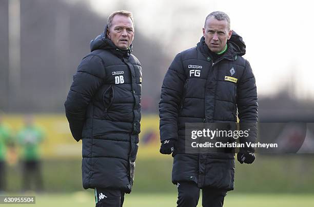 Co-trainer Dirk Bremser and Frank Geideck of Borussia Moenchengladbach during a Borussia Moenchengladbach training session at Borussia-Park on...