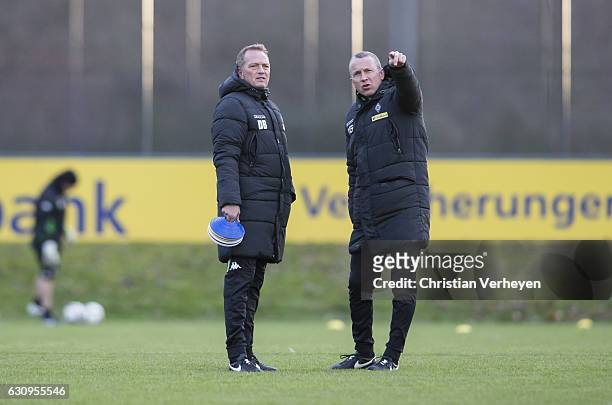 Co-trainer Dirk Bremser and Frank Geideck of Borussia Moenchengladbach during a Borussia Moenchengladbach training session at Borussia-Park on...