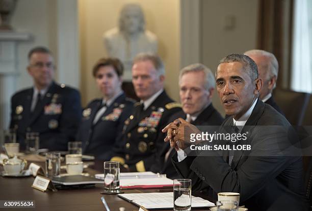 President Barack Obama meets with Military Combatant Commanders and Joint Chiefs of Staff in the Cabinet Room of the White House in Washington, DC,...